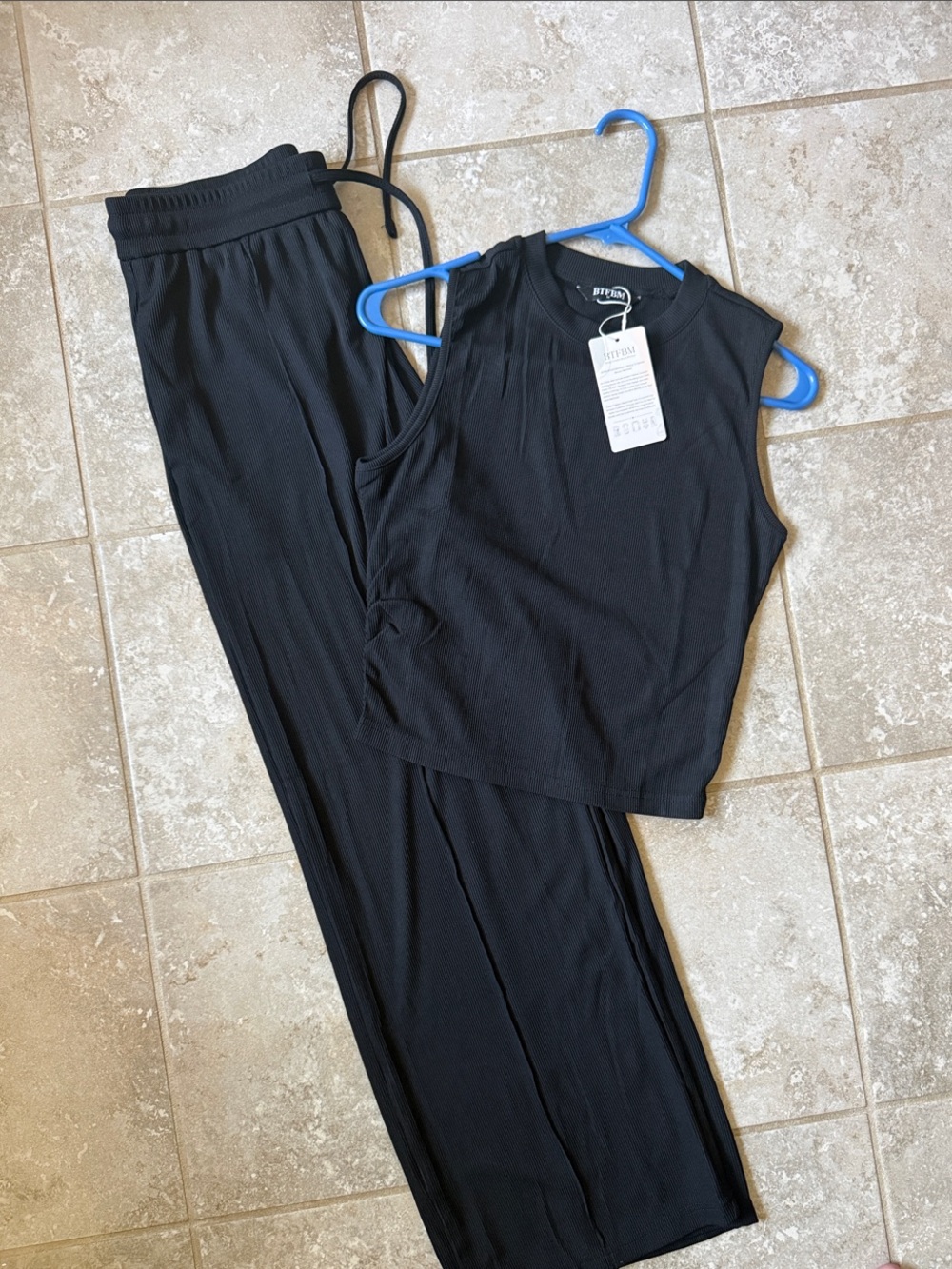 Eileen Fisher Black Ribbed Wide-Leg Pants and Sleeveless Tank Set